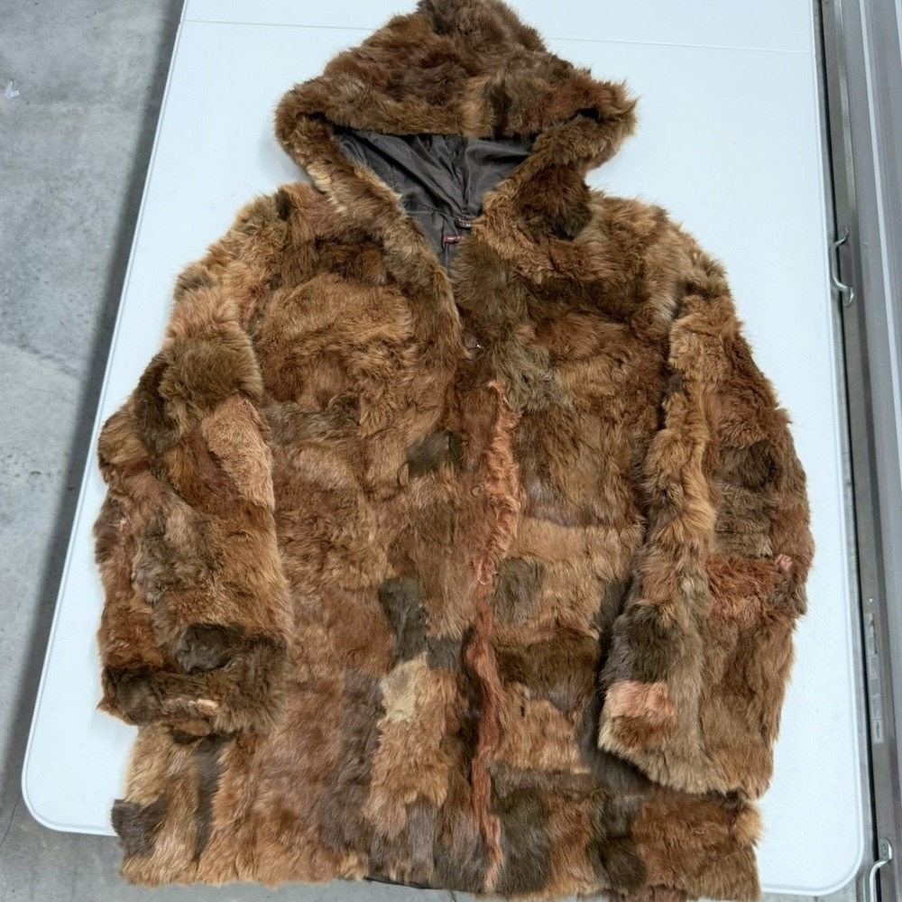 Vintage Bunny Hug Patchwork Rabbit Fur Coat Womens S Hooded Vintage Jacket